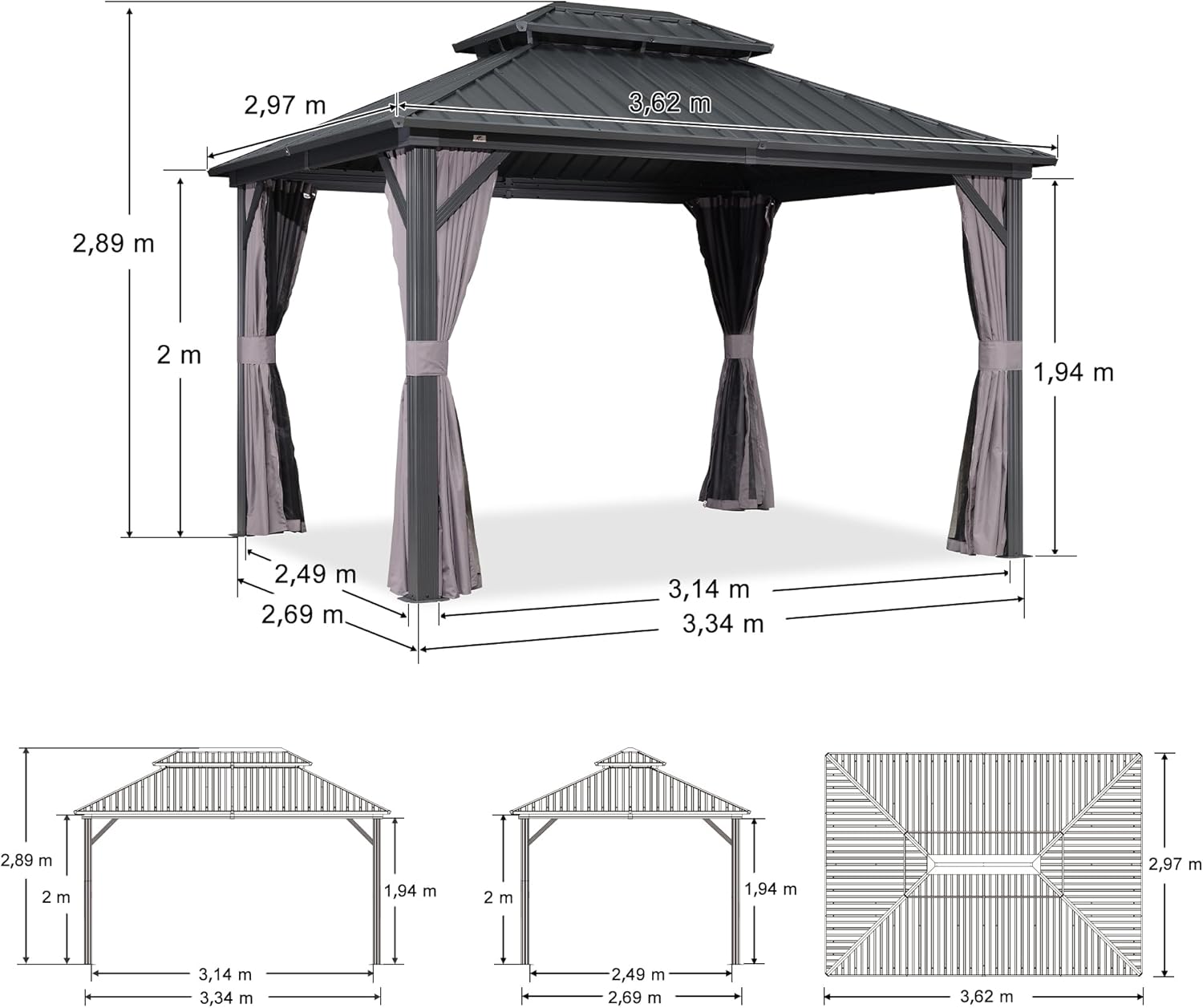 etezen - Pergola aluminium double toit 3,65x3m rideaux moustiquaire