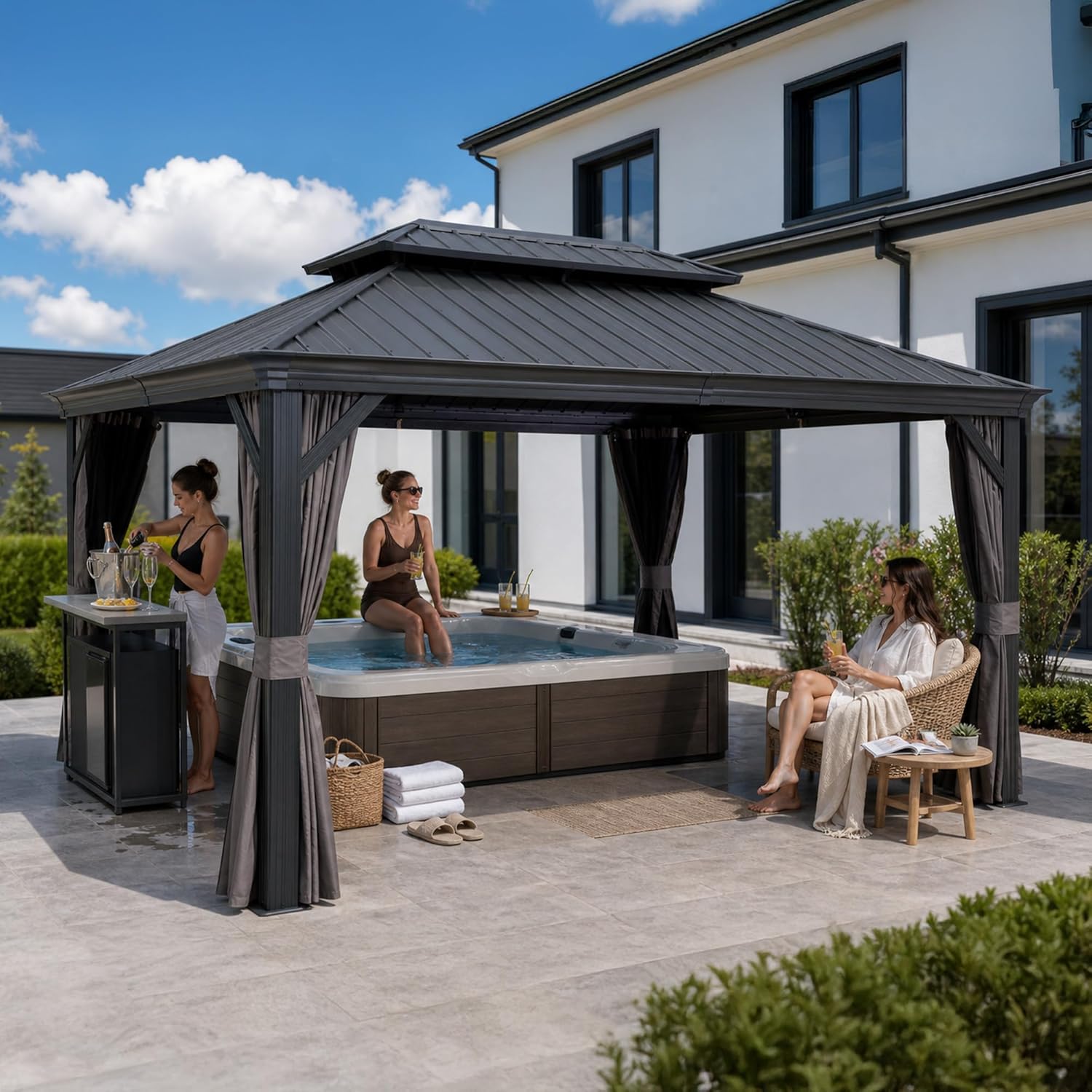 etezen - Tonnelle Jardin 4,25x3 m - acier galvanisé, rideaux épais, gouttière