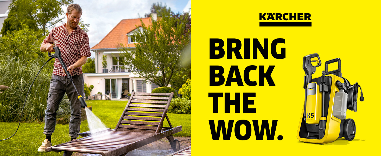 Le texte indique « etezen » et « BRING THE WOW ». Publicité montrant de l'équipement de nettoyage extérieur utilisé sur les meubles et les surfaces de patio.