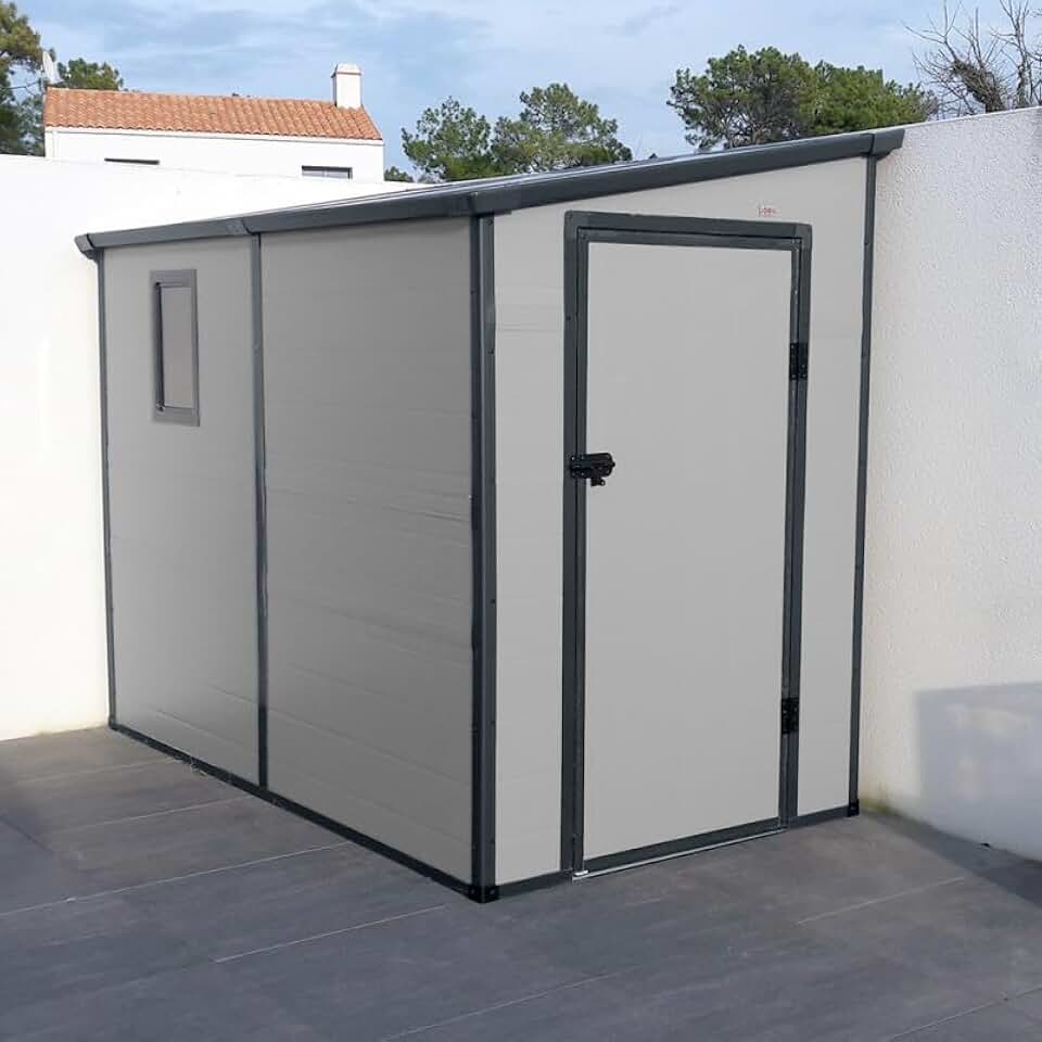 etezen Abri de Jardin Adossé en Résine 3,55m² | Gris Clair avec Fenêtre et Aération | Kit de Fondation Inclus | Structure Acier Galvanisé