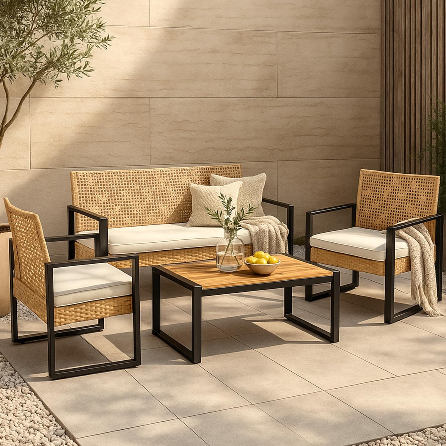 etezen - Salon de jardin 4 pièces, acier/acacia, 2 chaises + banc, beige/naturel
