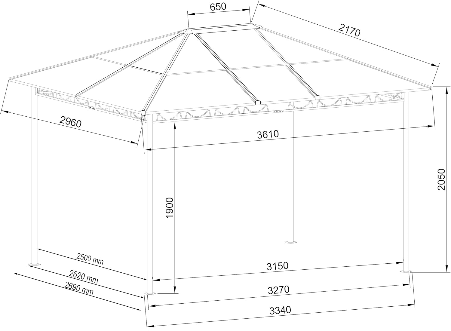 etezen - tonnelle rigide métal - 3 x 3,6 m - panneaux latéraux polycarbonate, anti-poussière