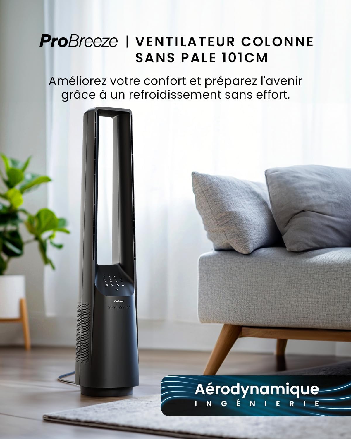 etezen Ventilateur Colonne Sans Pale - Ventilateur Tour Silencieux, Hauteur 101 cm avec 6 Vitesses, Oscillation 60°, Ventilateur Sans Lame Rafraichisseur d'Air Bladeless Noir