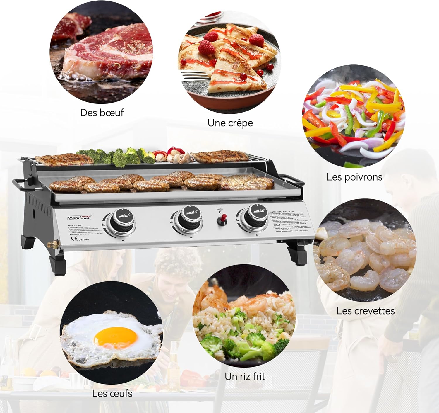 etezen - Plancha gaz inox 3 brûleurs 61,5x32cm, 7,5kW, usage extérieur