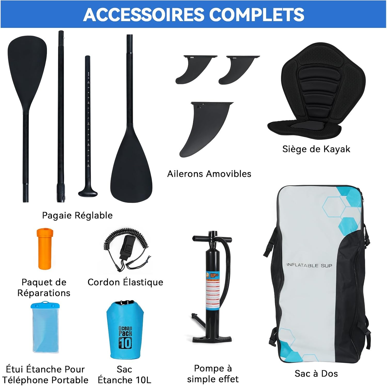 etezen - Paddle gonflable 320/335cm - 2 personnes, siège kayak, jusqu'à 150kg