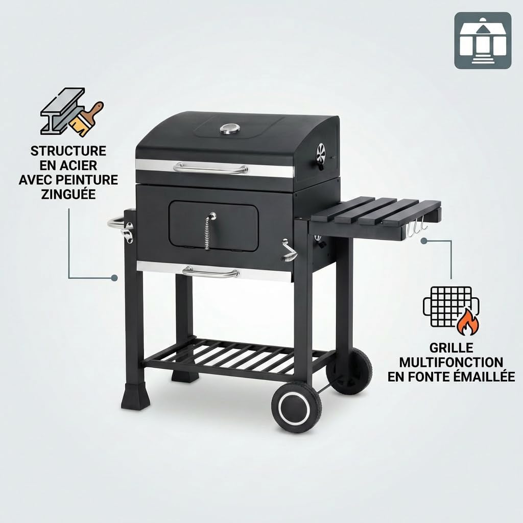 etezen - Memphis - acier, grille, tablette pliable, roulettes, thermomètre, bac à cendres