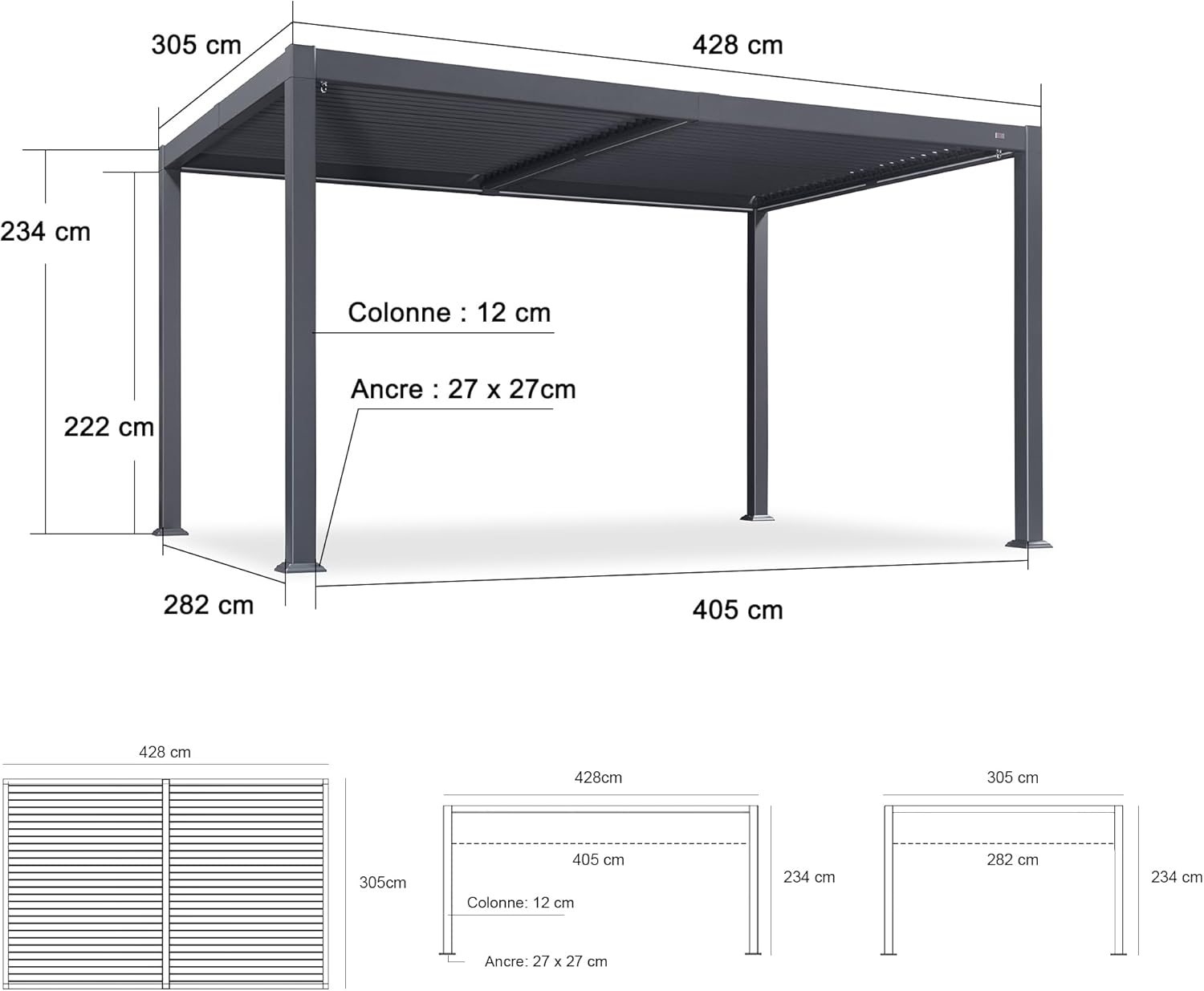 etezen - Pergola aluminium bioclimatique - 3 x 4,25 m - Lames orientables, LED, étanche