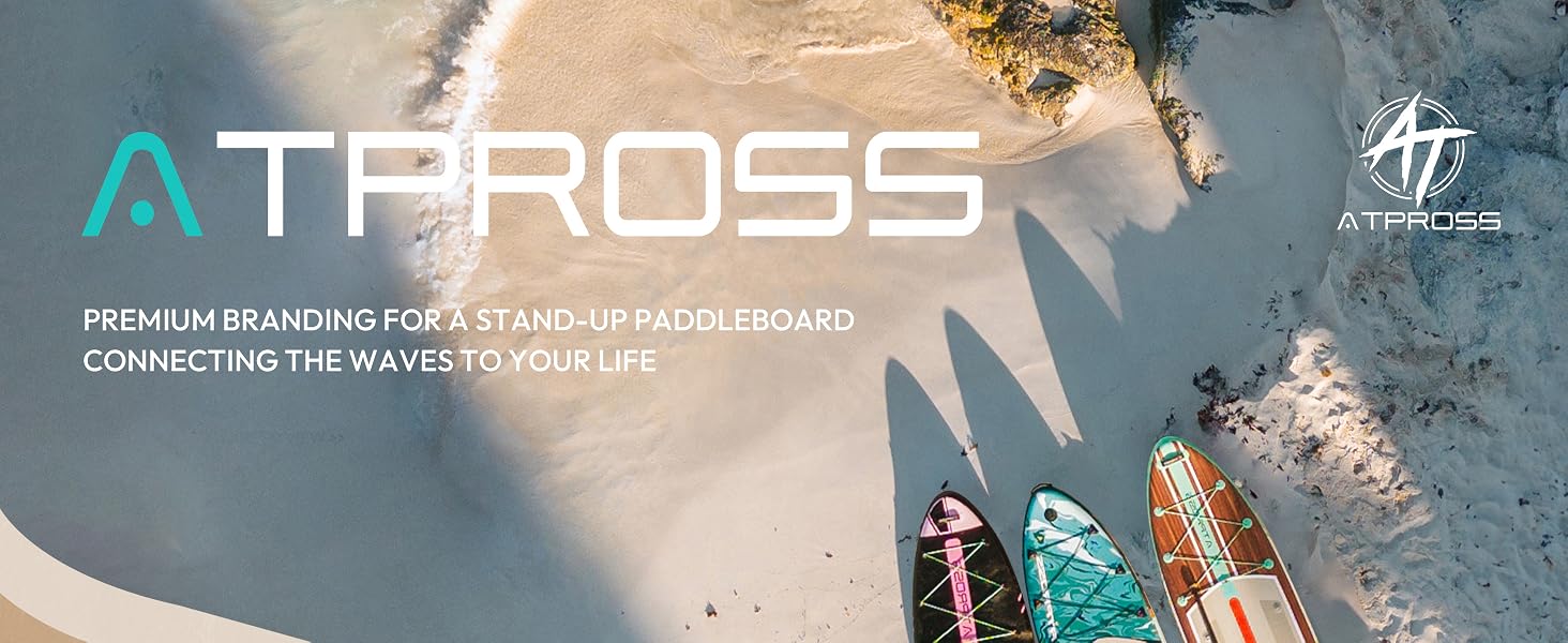 Vue aérienne d'une plage avec trois planches à pagaie colorées. Le texte superposé se lit comme suit : « etezen : une marque haut de gamme pour un stand up paddleboard, qui connecte