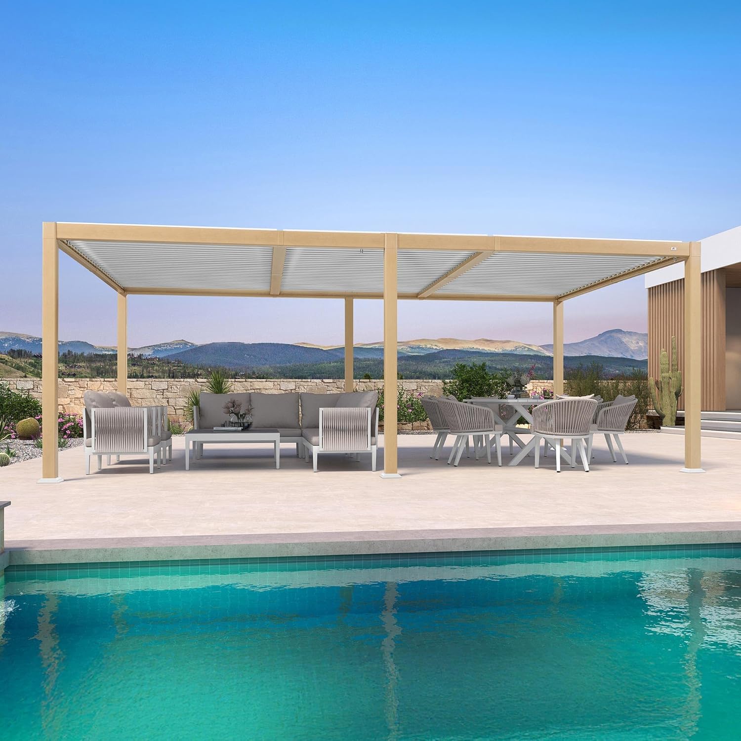 etezen - Pergola Bioclimatique bois effet alu - 3,5x6,35m - lames orientables, imperméable, extérieur