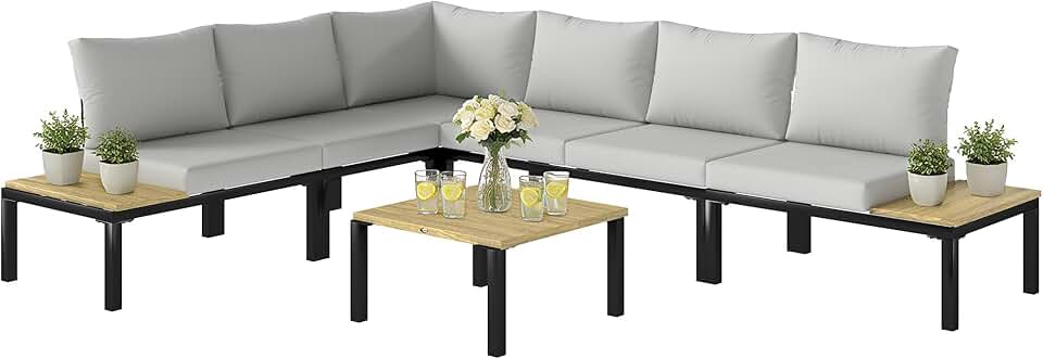 etezen - ensemble salon jardin modulable 6 pièces - convertible en lit, table basse intégrée, gris anthracite