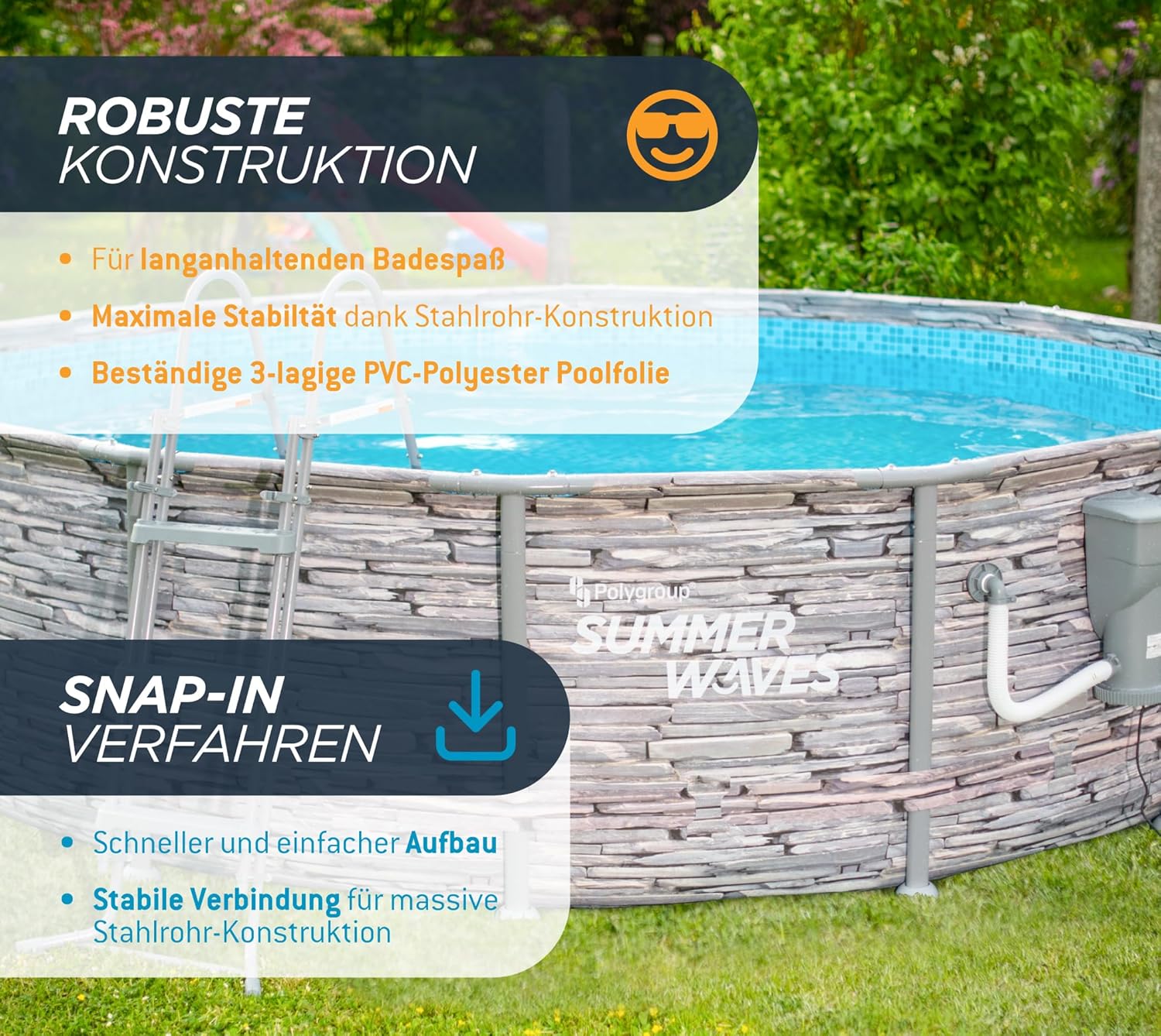 etezen - Frame Pool Kit rond - 427x107 cm - aspect pierre grise, pompe à filtre