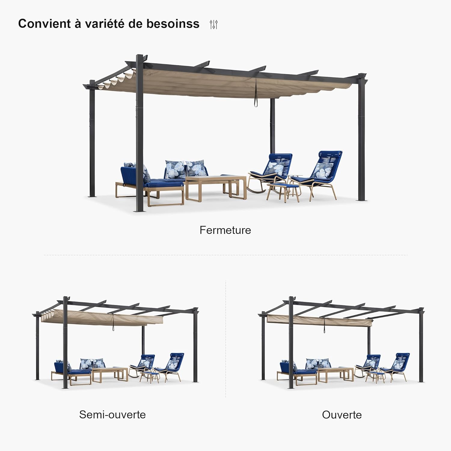 etezen - pergola aluminium série LED - 4,8x3,5 m - toit rétractable, structure résistante, kaki