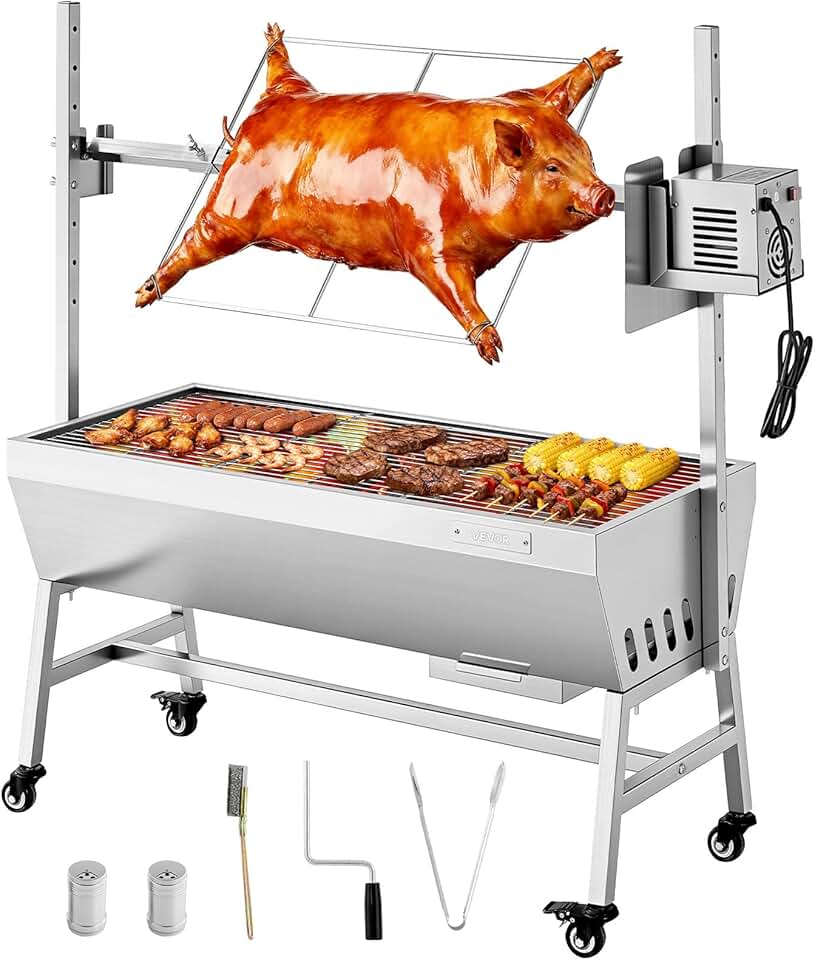 etezen - Barbecue à charbon avec tournebroche, 7 hauteurs, 60kg, 38W, inox