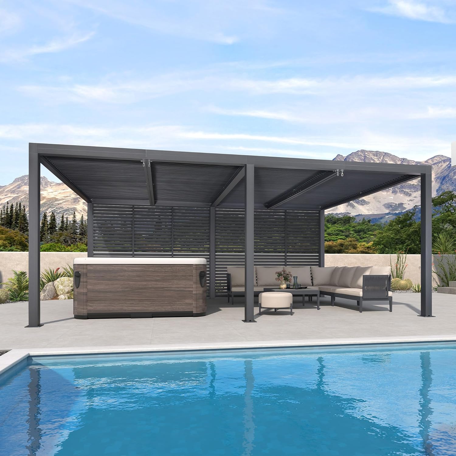 etezen - Pergola bioclimatique 6x3,68m alu, lames orientables, persienne fixe