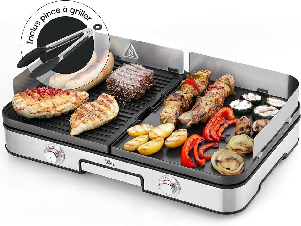 etezen - plancha électrique inox - XXL - 2400W, pince barbecue, intérieur/extérieur, protection éclaboussures - LEBEN