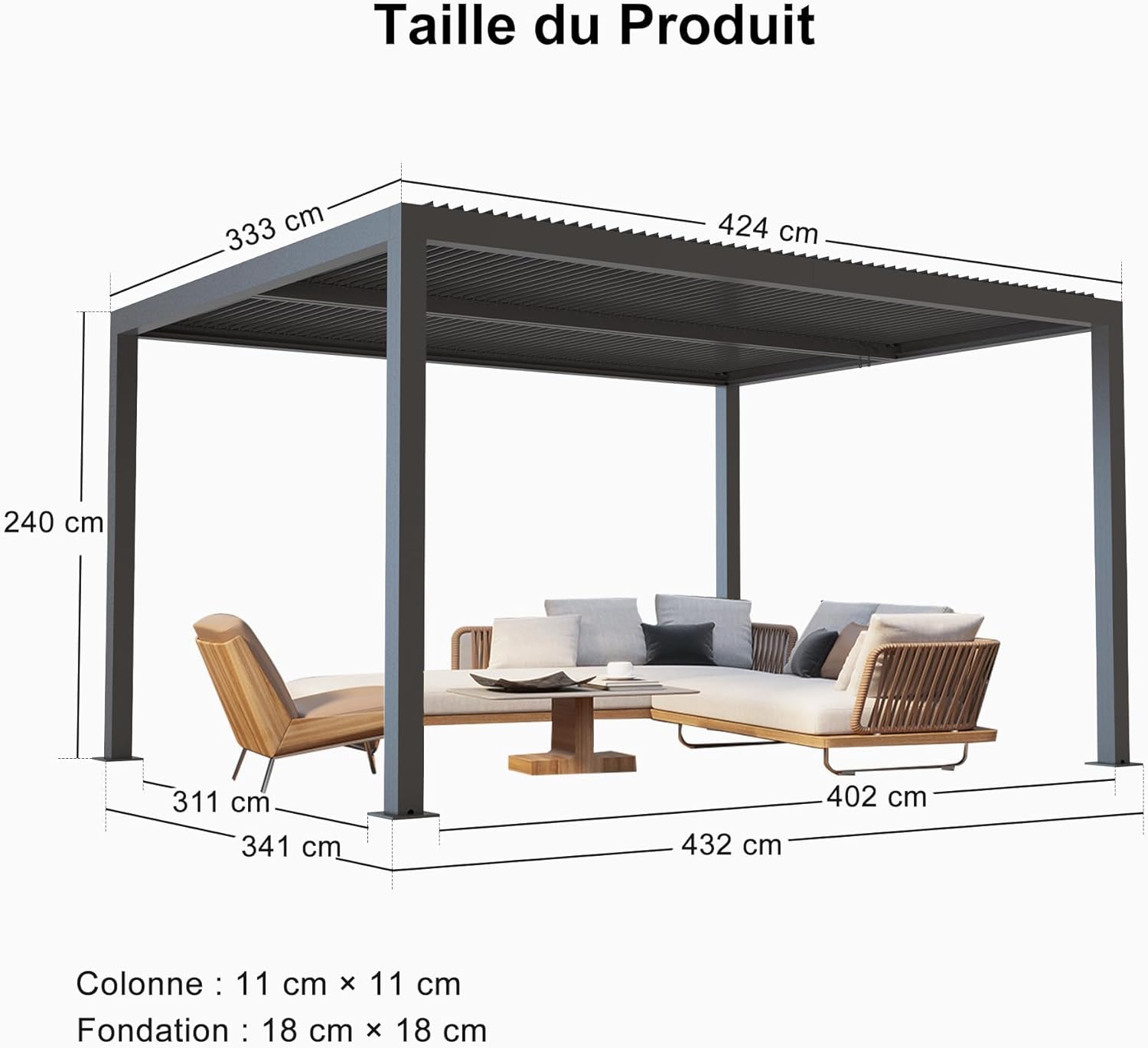 etezen - pergola bioclimatique - 4,24x3,3m - alu, persienne fixes, gris