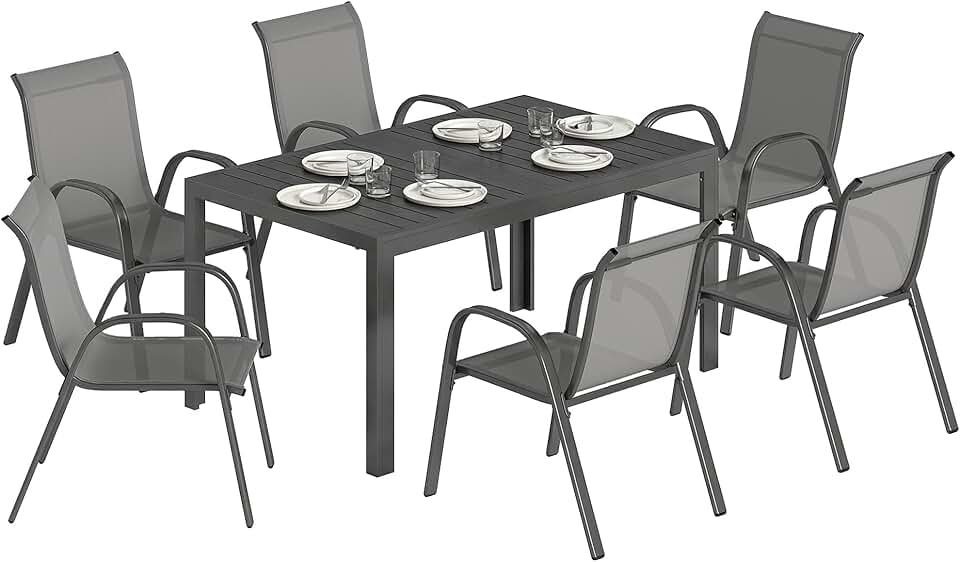 etezen - Salon de jardin extérieur 7 pcs - 150cm - table à lattes, acier antirouille, 6 chaises empilables, gris clair