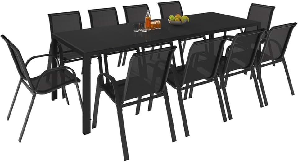 etezen - Salon de jardin Madrid 240 cm, 10 chaises empilables, noir