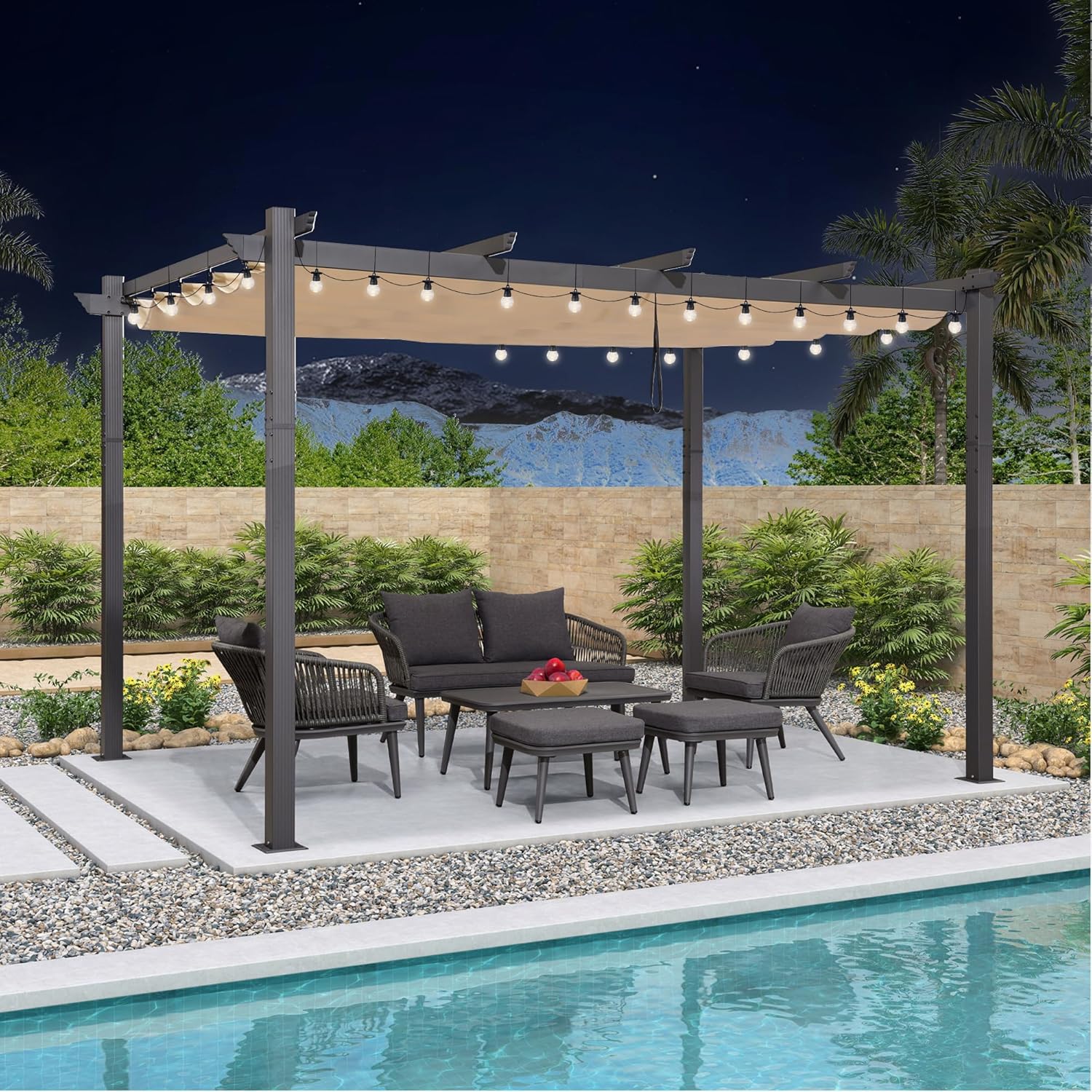 etezen - Pergola aluminium LED, toit rétractable, 4x3m, kaki