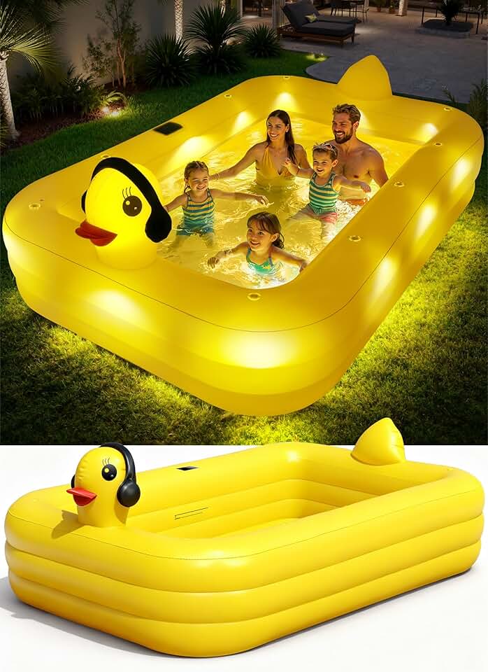 etezen Piscine Gonflable avec Lumières, Caneton Piscine Rectangulaire Gonflable Solaire, Pataugeoire Grande pour Enfants et Adultes,254 x 160 x 56 cm Piscine Familiale Hors Sol pour Jardin,Extérieur