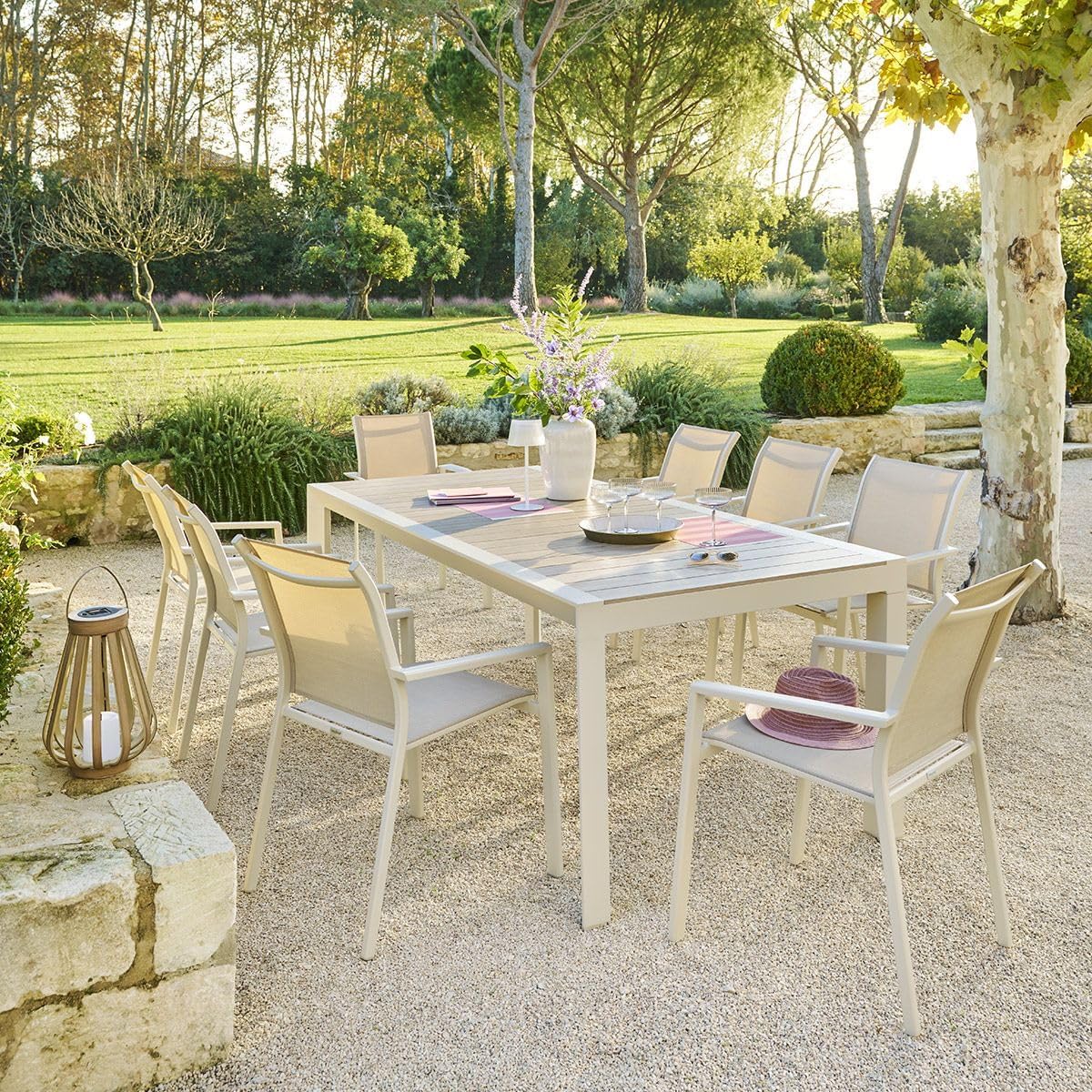 etezen - Table de jardin Évasion 8 places - aluminium, effet bois, lin et argile
