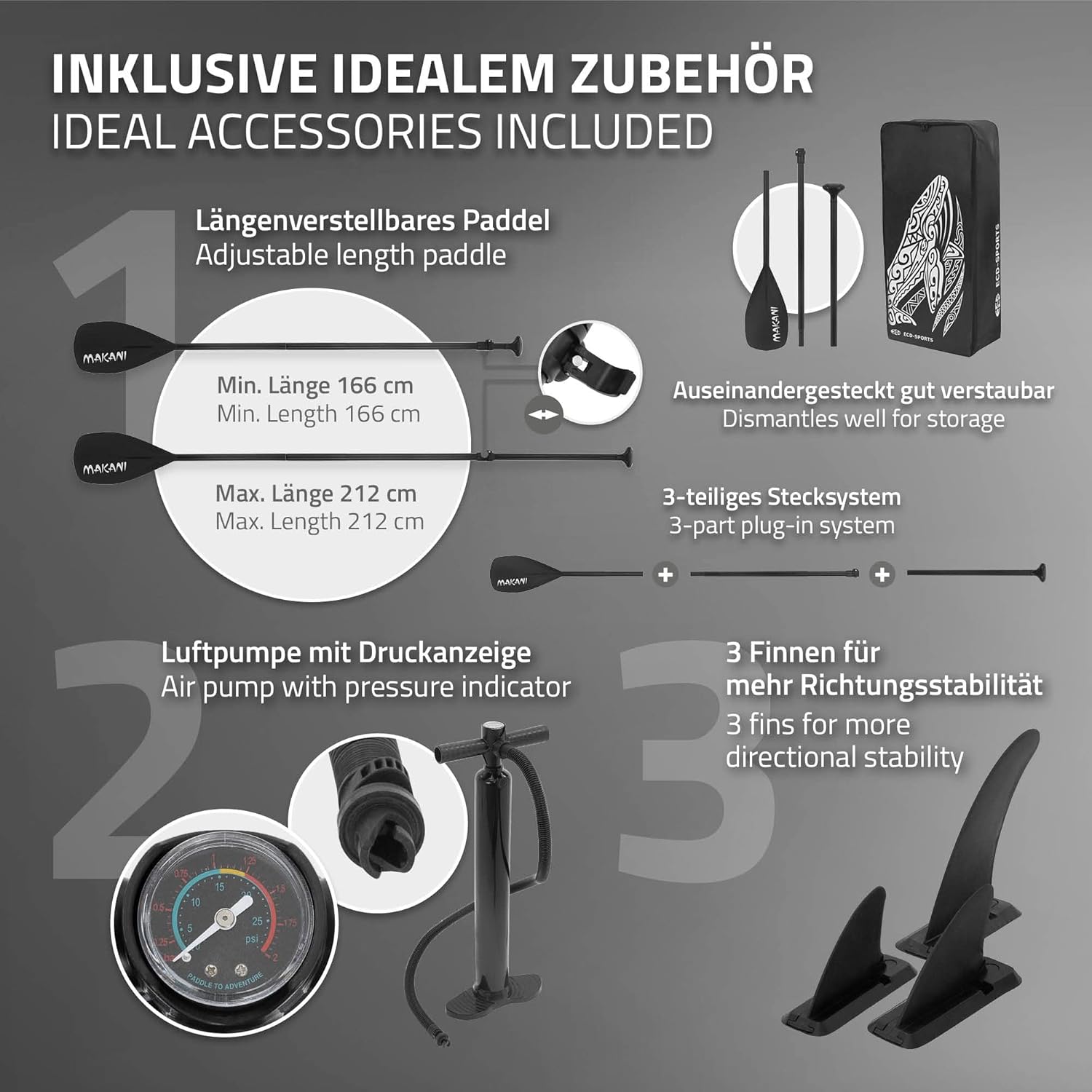 etezen - Stand Up Paddle Board - 305/308/320/380 cm - PVC, 120/150 kg, 10/15 cm d'épaisseur