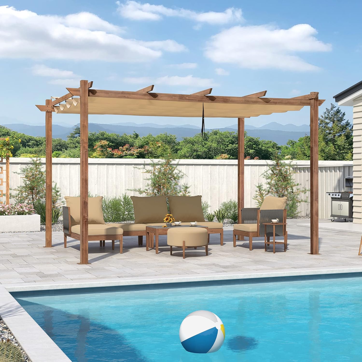 etezen - pergola aluminium 4x3m teck, toile rétractable, kaki