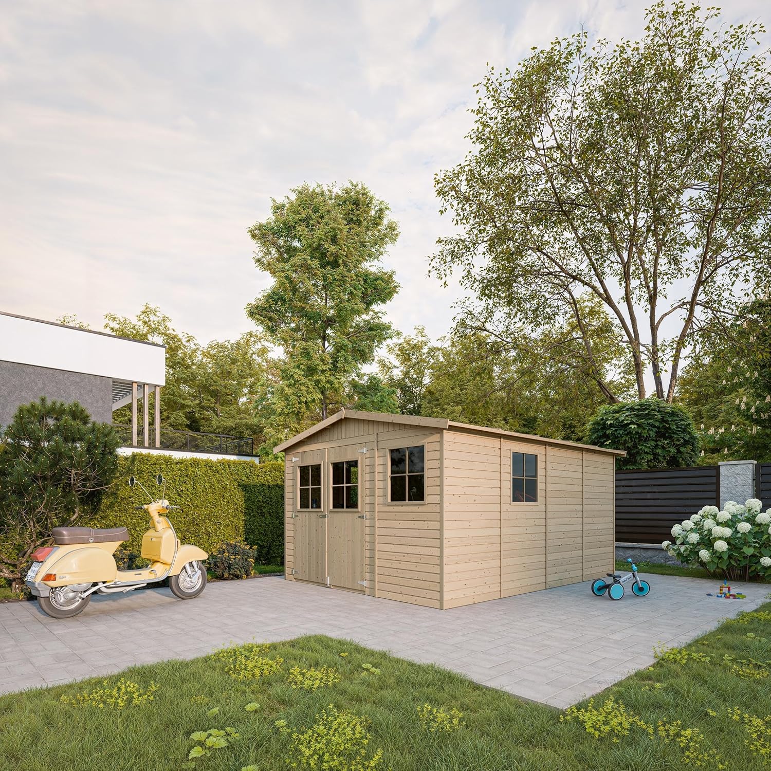 ABRI de Jardin en Bois Exterieur avec Les PLANCHERS IMPRÉGNÉ - en Pin/épicéa- H226x324x416 cm/12 m²- Construction de Panneaux- Rangement pour vélos, Remise à Outils- etezen M336+M336G