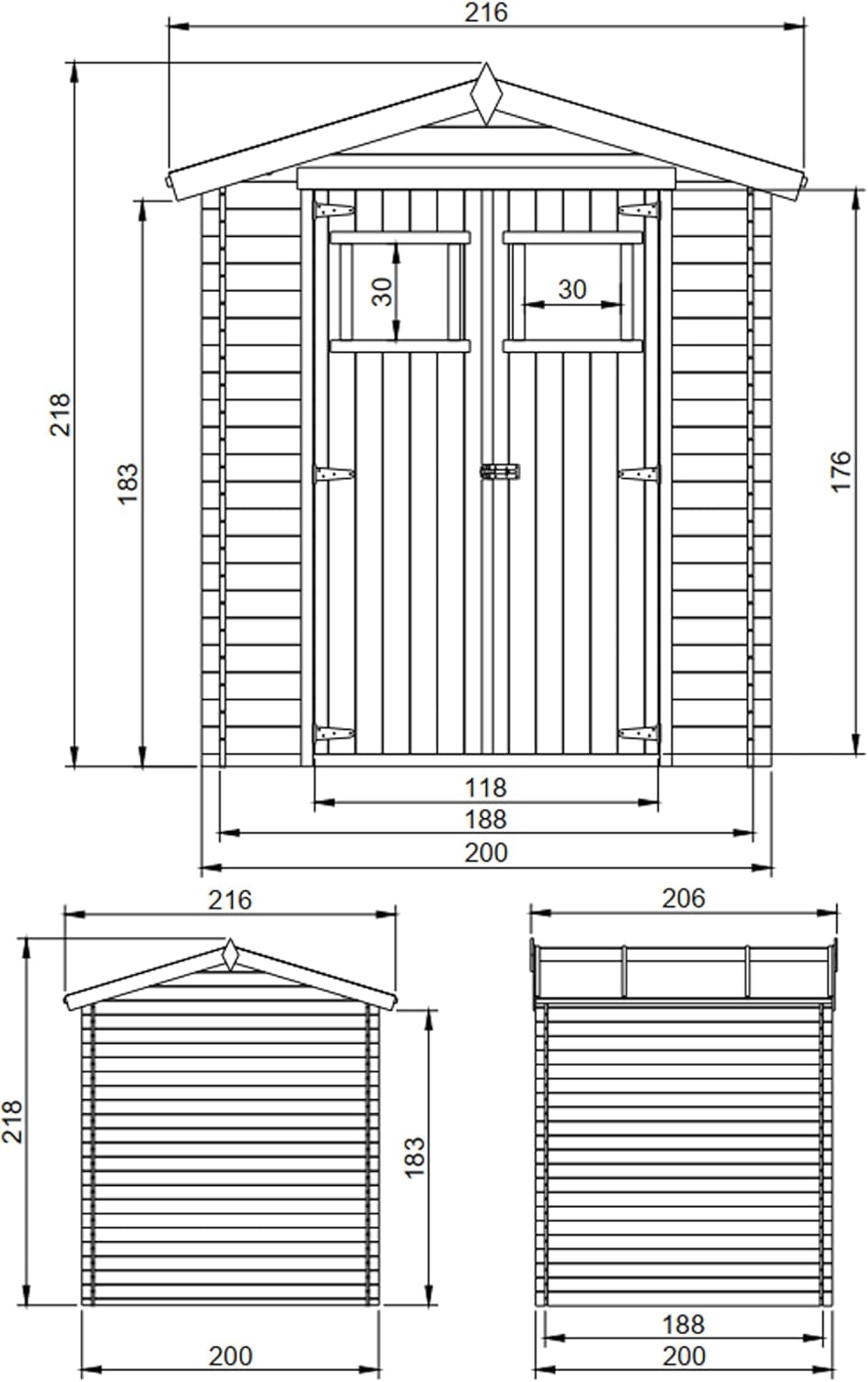 Abri de Jardin en Bois - Stockage extérieur I216xL206xH218 cm/ 3.53 m2 Petit abri à Outils, Local à vélos - etezen M343