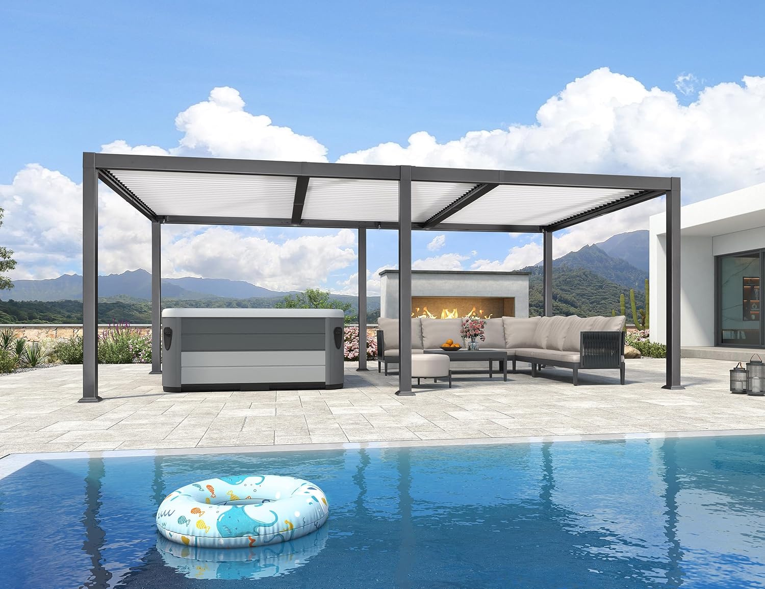 etezen - pergola bioclimatique - 6,35x3,5m - aluminium gris, poteaux blancs, lames orientables