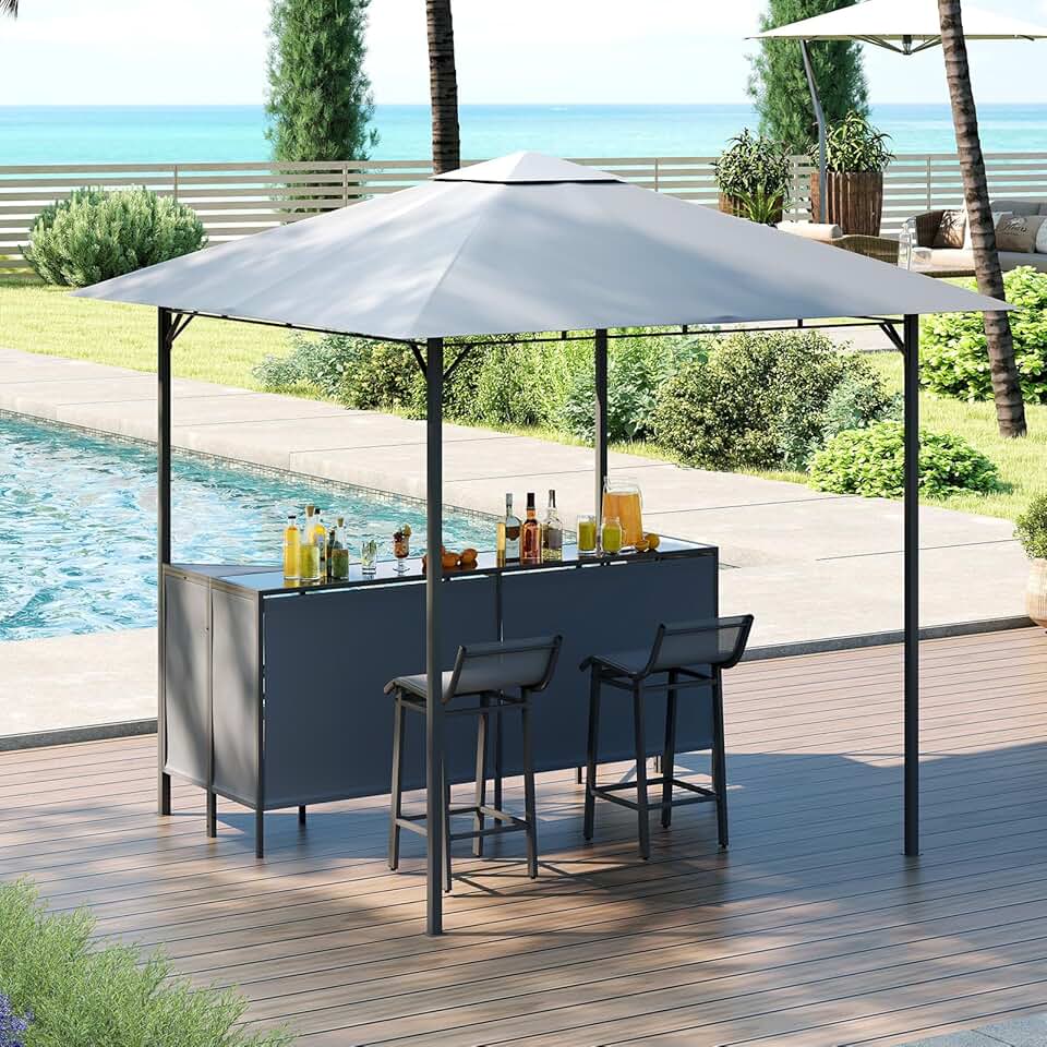 etezen 3 Pcs Abri Barbecue Jardin Exterieur avec Bar Exterieur, Tonnelle Barbecue avec 2 Tabourets Bar, Rangement, Plateau en Verre Trempée,Porte-Verres, en Métal avec Double Toit, 245 x 245 x 243CM