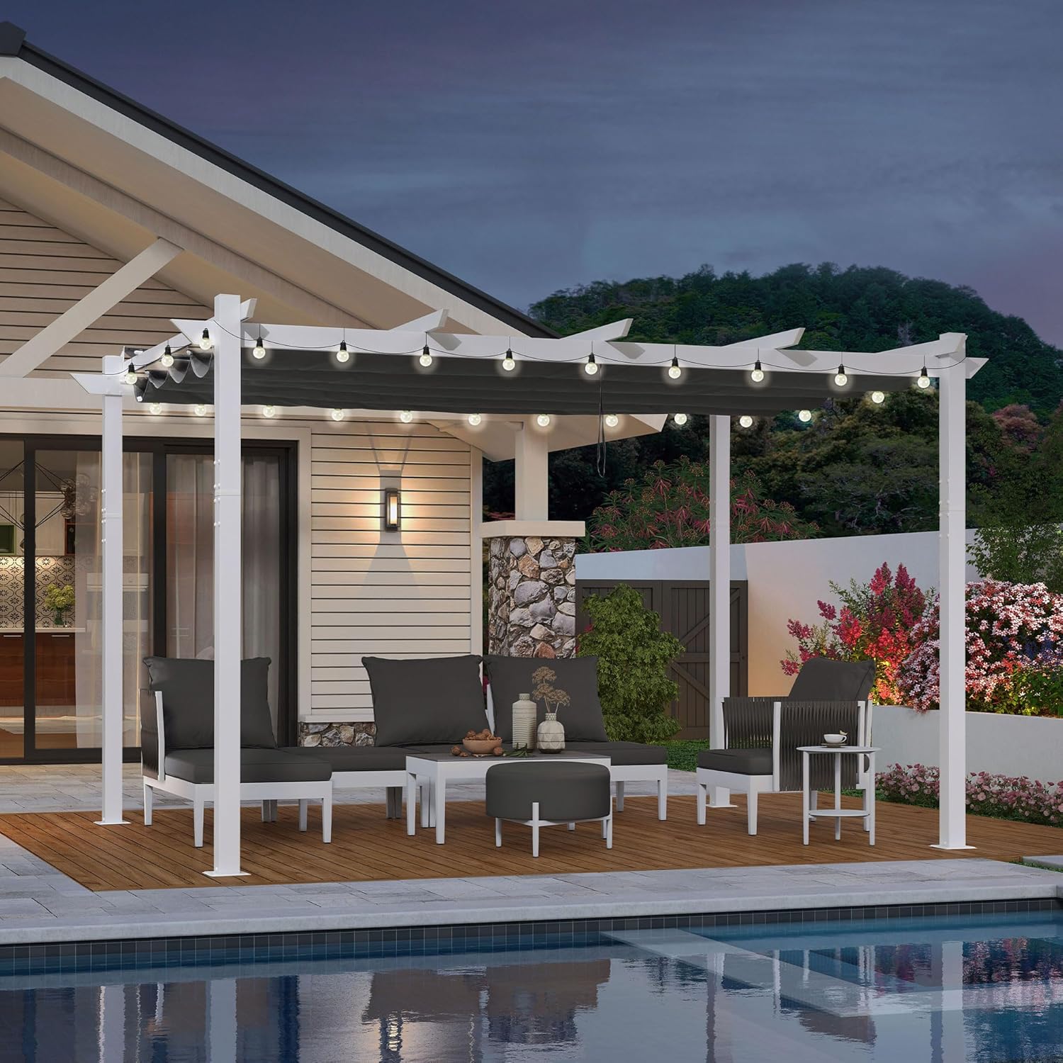 etezen - pergola aluminium - 4x3m - éclairage intégré, toit protégé, blanc/gris