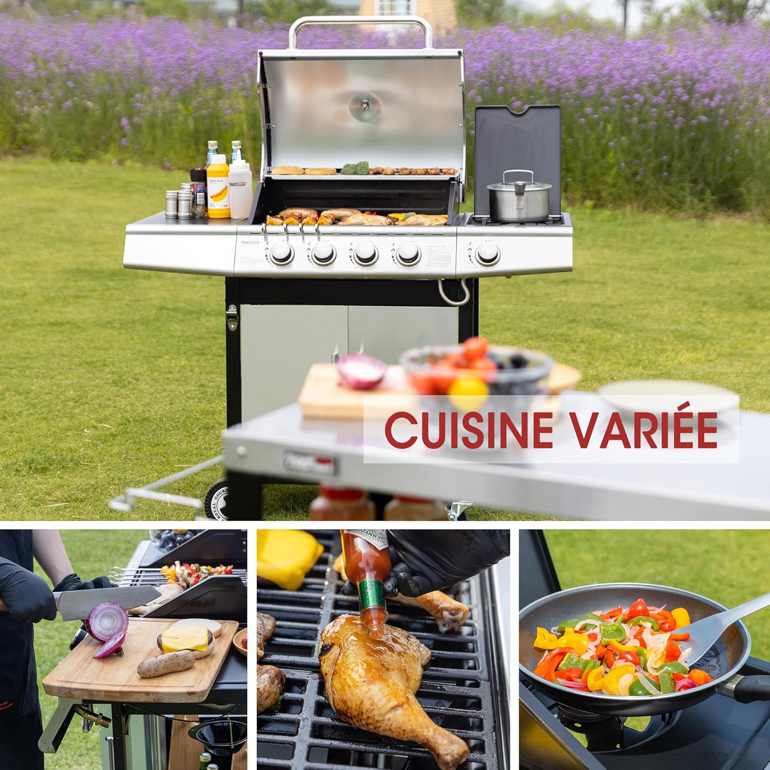 etezen - Barbecue Gaz 4+1 brûleurs inox - 14,5kW - 2 portes, thermomètre, roues directionnelles
