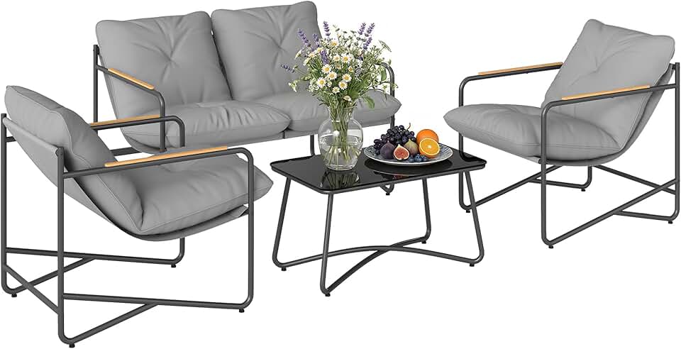 etezen - Salon de jardin 4 pièces, canapé 2 places, coussins épais, pieds réglables, gris clair