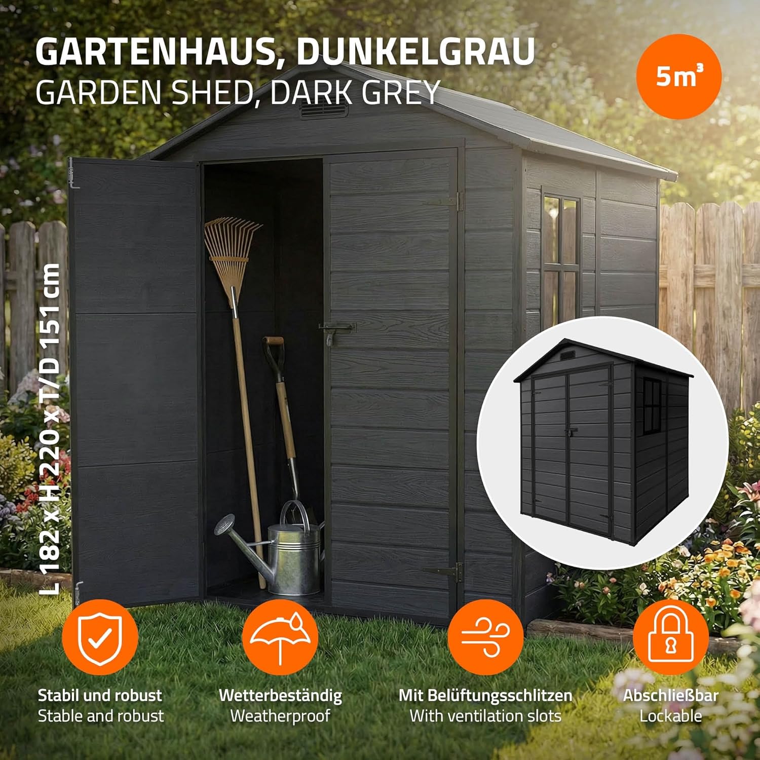 etezen - Abri de jardin résine 151x182x220 cm double porte, 5m³, fenêtre, ventilation