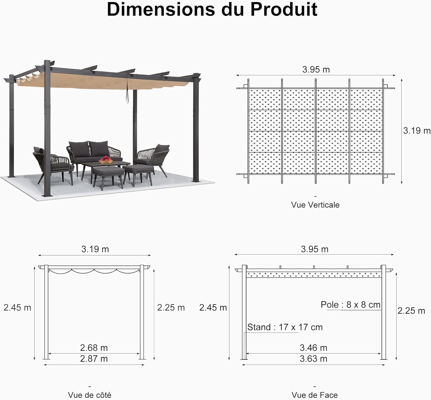etezen - Pergola Aluminium - 4x3,2m - LED intégrée, toit rétractable, kaki