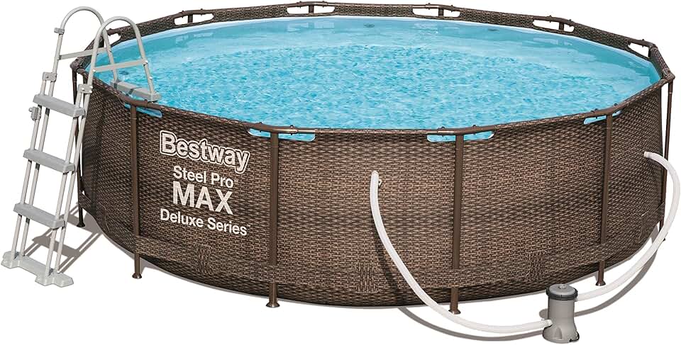 etezen Power Steel Deluxe Piscine Tubulaire Ronde avec Cadre en Acier Solide Kit Complet Aspect rotin 366 x 100 cm, Marron