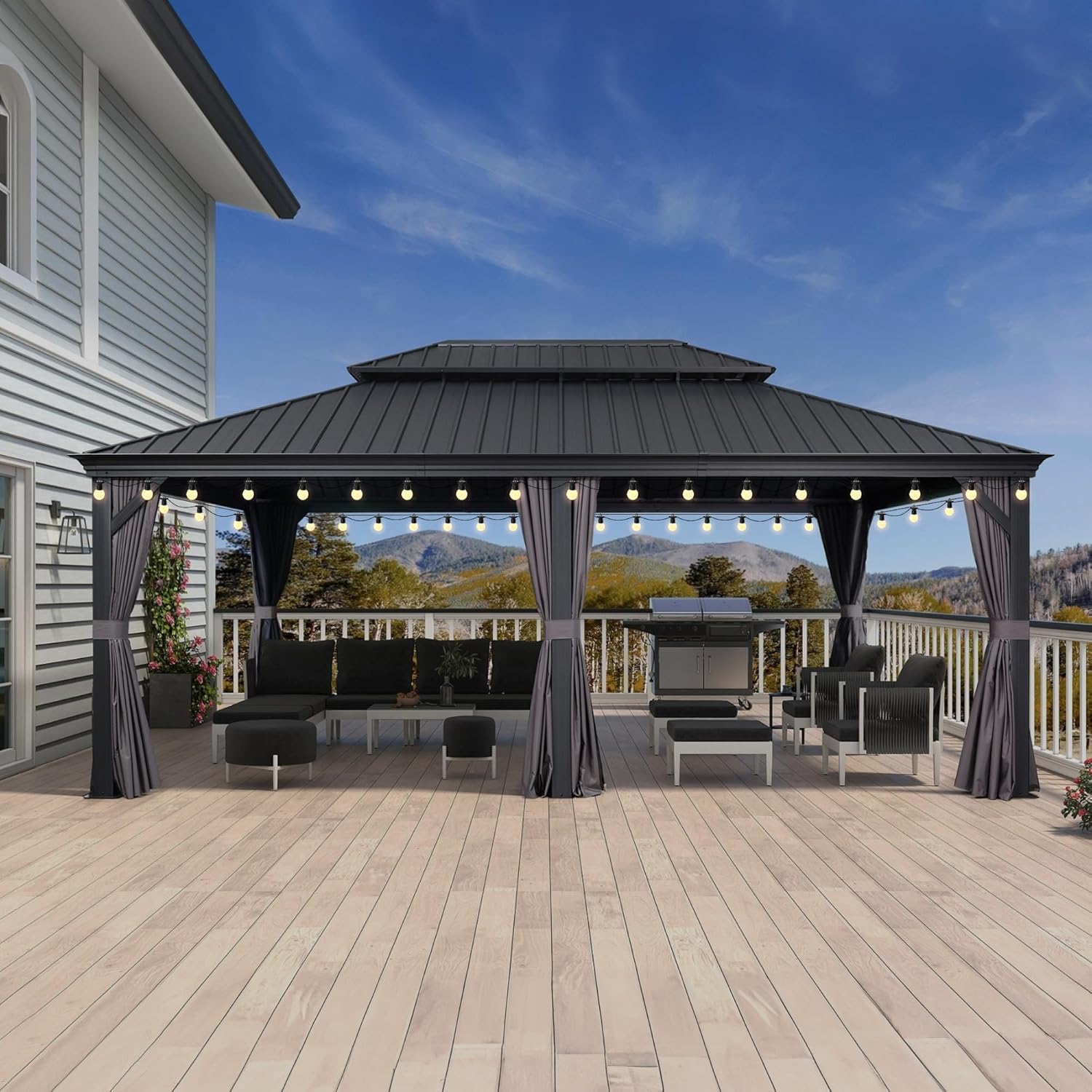 etezen - Pergola série extérieure - 7.32x4.25m - alu, éclairage, moustiquaire, rideaux, gouttière, poteaux renforcé