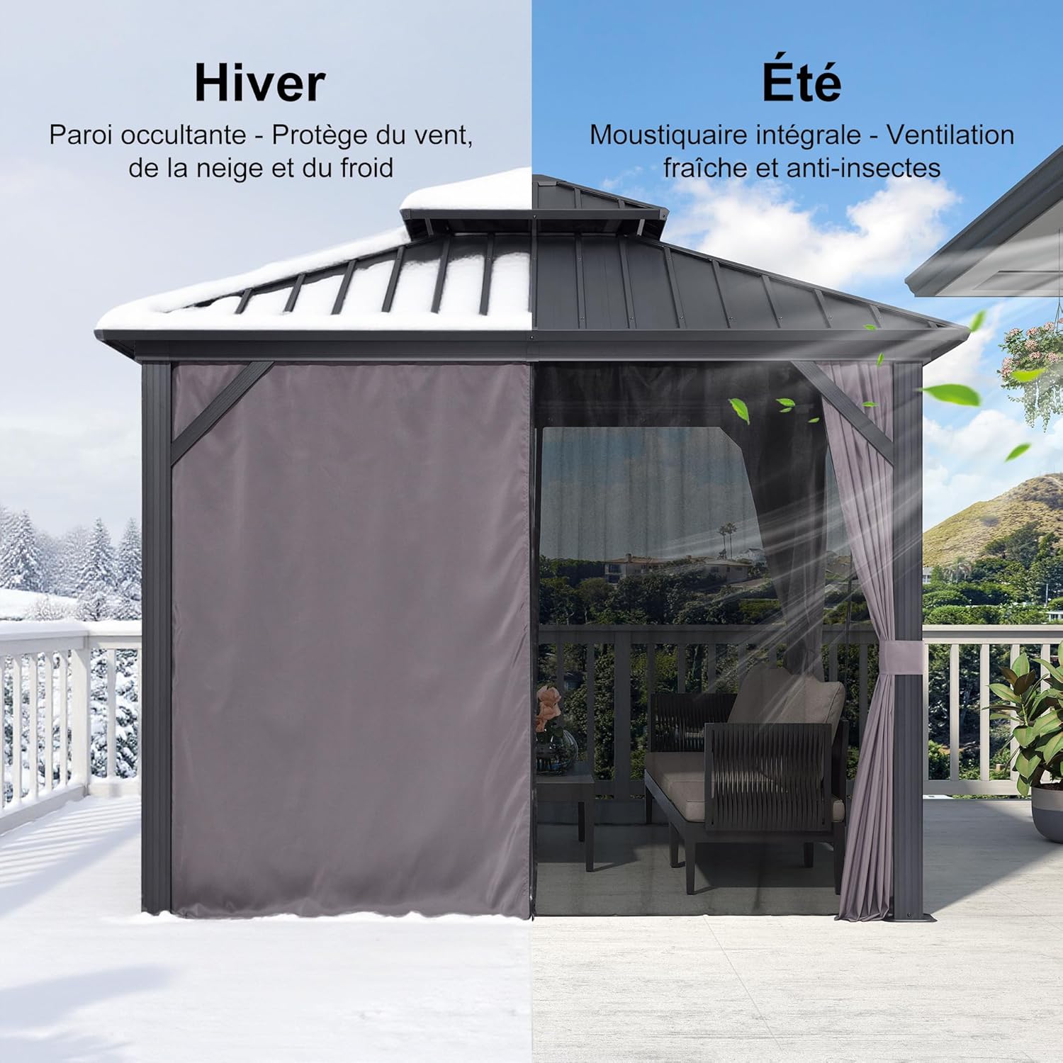 etezen - tonnelle extérieur double toit 3x3m, alu et acier, rideaux, guirlande lumineuse