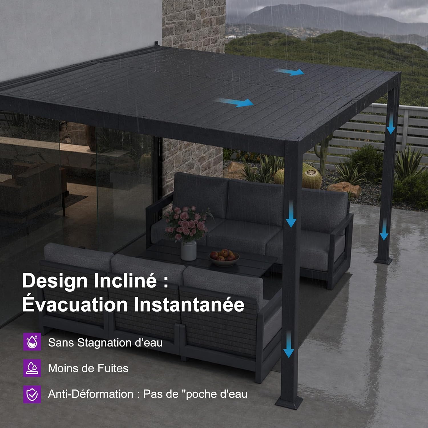 etezen - Pergola bioclimatique adossée - 3x4,25m - aluminium, lames orientables, résistante UV et pluie