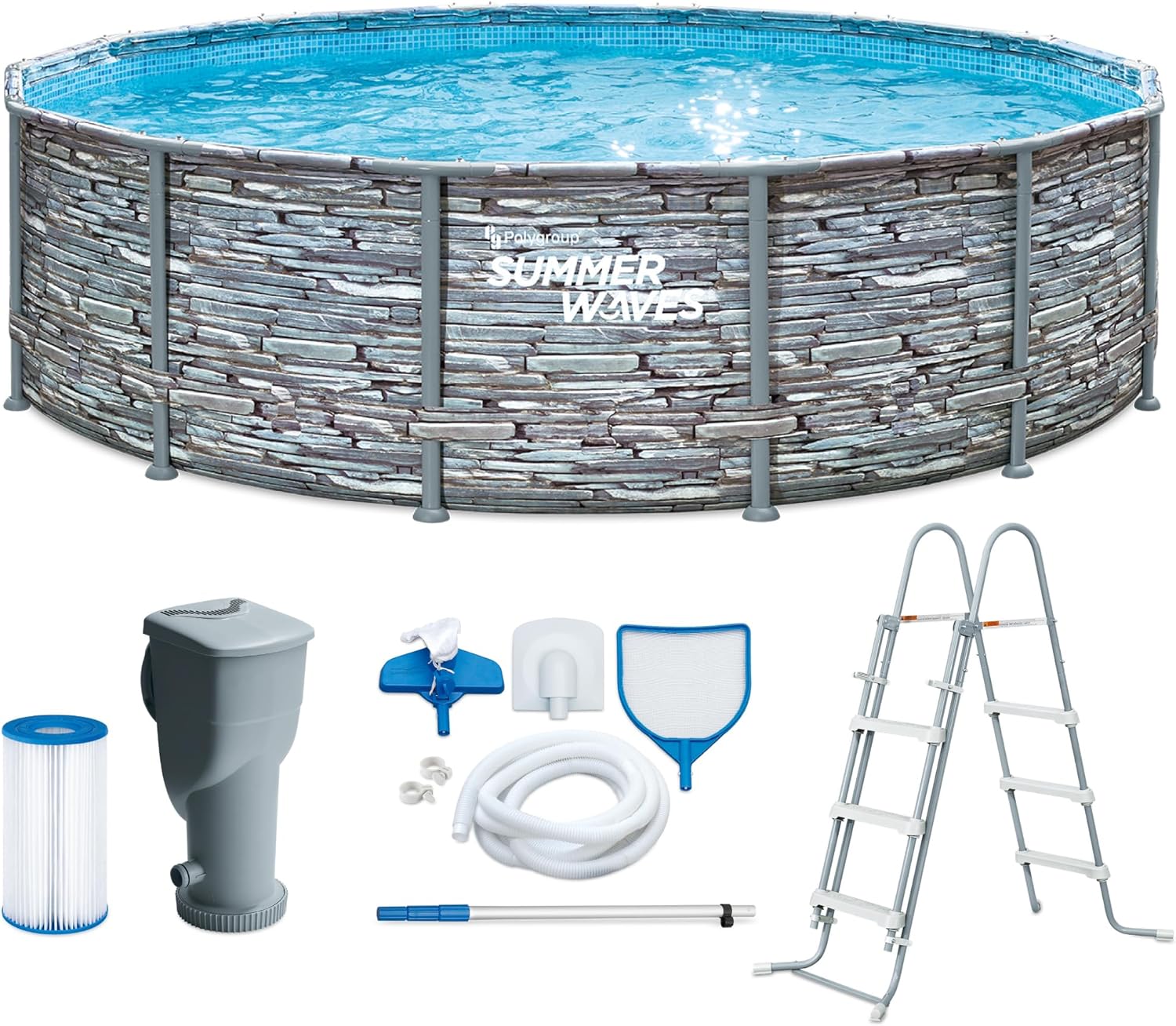 etezen - Frame Pool Kit rond - 427x107 cm - aspect pierre grise, pompe à filtre
