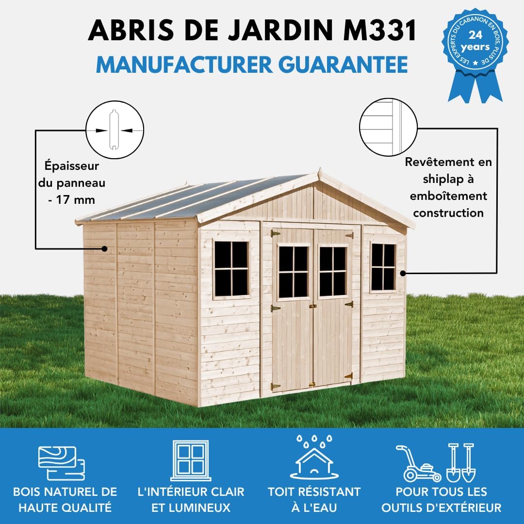 Abri de Jardin en Bois Exterieur avec Plancher IMPRÉGNÉ- Chalet en Pin/épicéa-H246x418x320 cm/12 m²- Construction de Panneaux - Rangement pour vélos, Remise à Outils- etezen M331+M331G