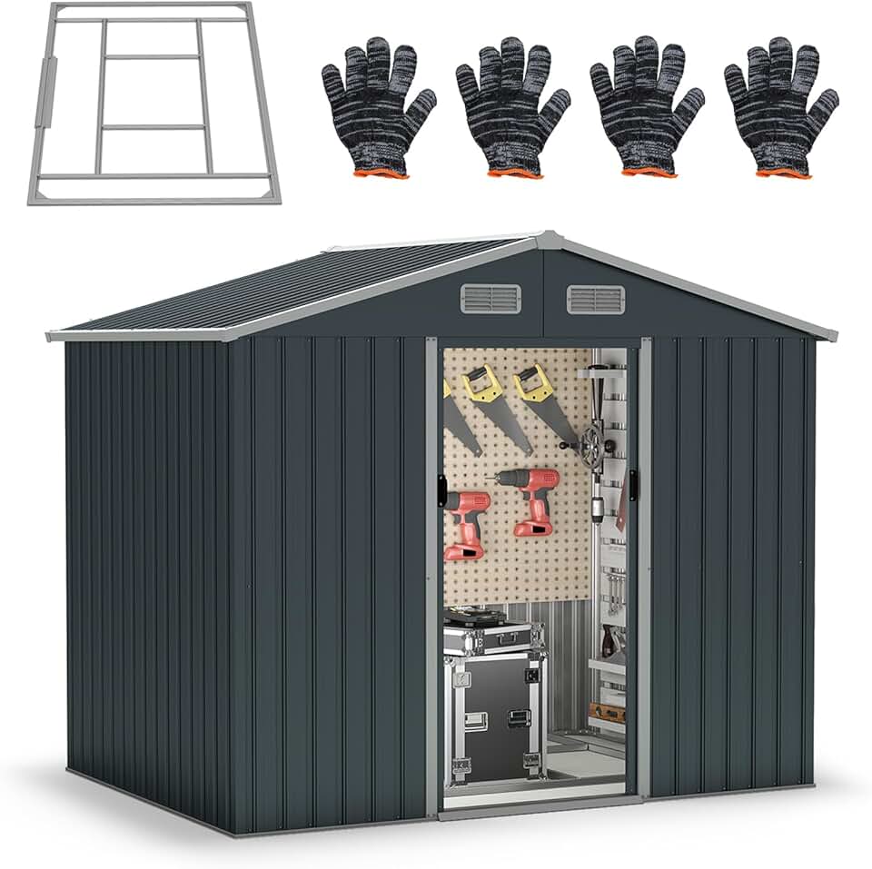 etezen Abri de Jardin en Métal avec Toit à Pignon, 235 x 171 x 196 cm, 7,95 m³, Cabane de Jardin avec 2 Portes Coulissantes, 2 Fenêtres et Fondation, abri à Outils Extérieur, Haute Résistance