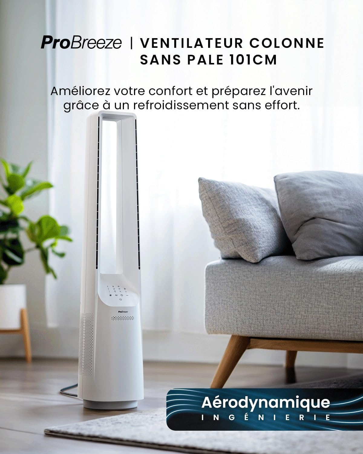 etezen - Ventilateur Tour WiFi Intelligent 101cm - Silencieux, LED, télécommande, 6 vitesses, oscillation
