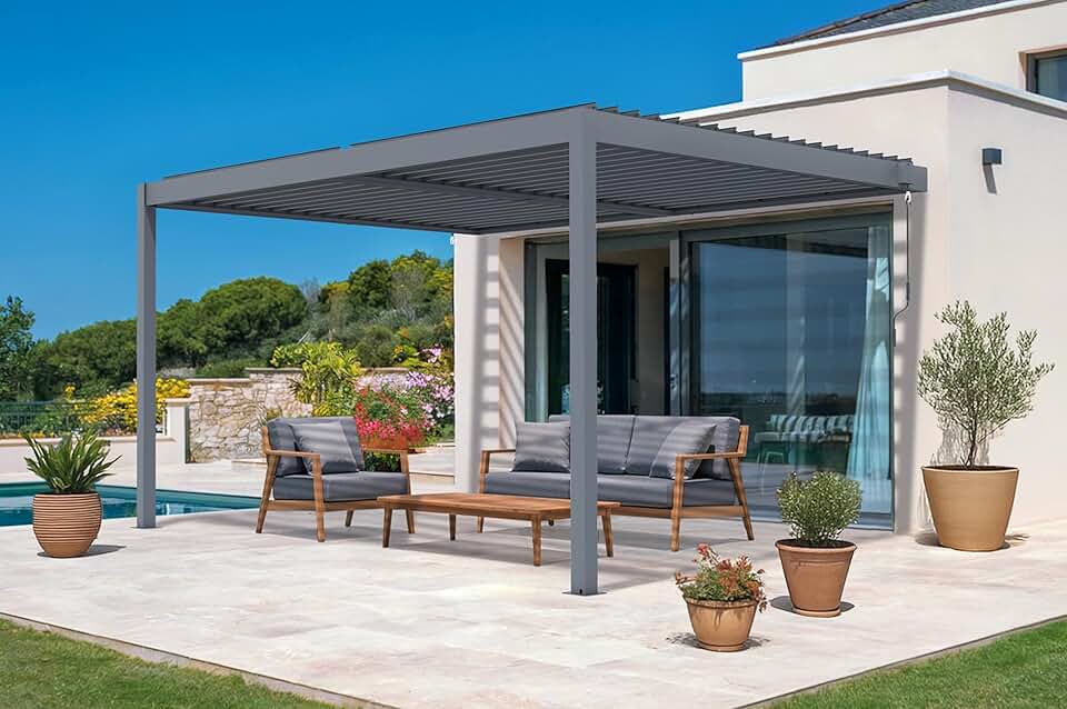 etezen - Piana - pergola adossée 4x3m alu gris, 3 persiennes brise-vue