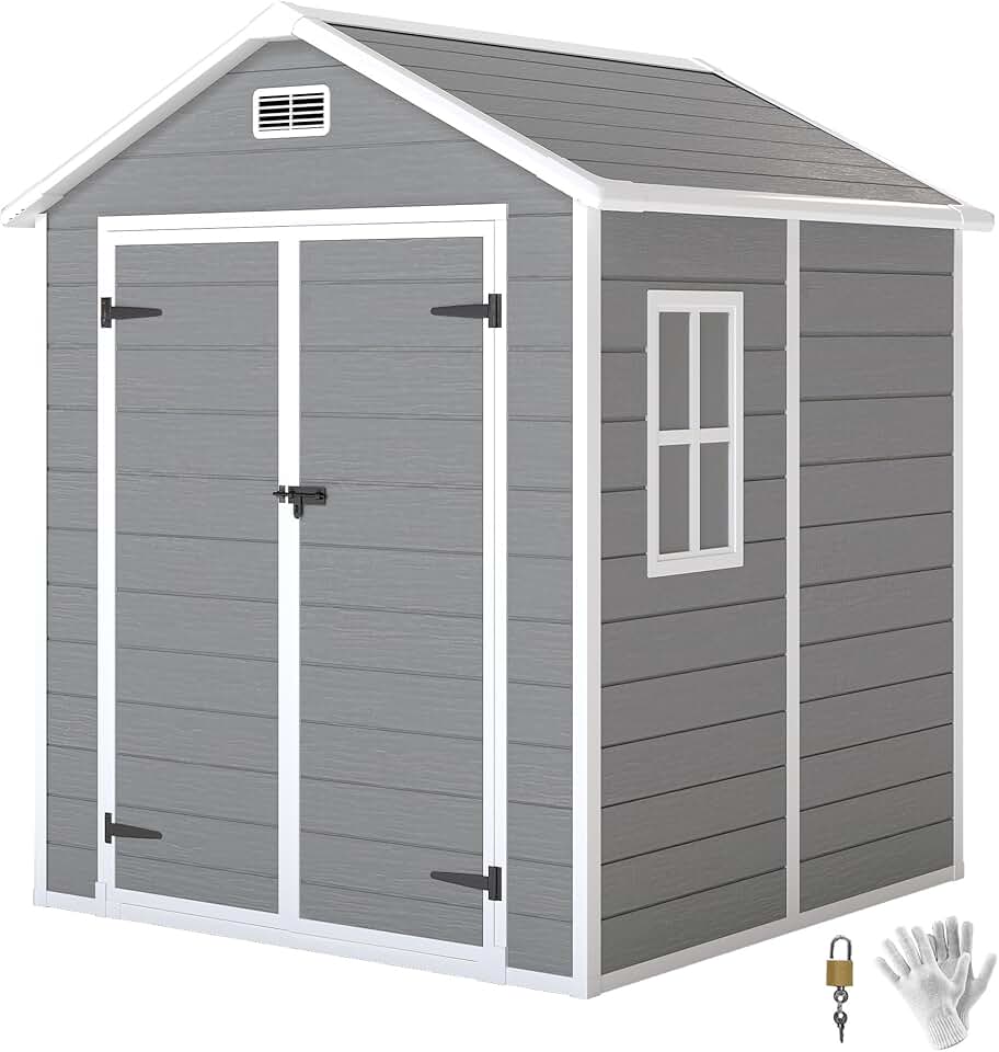 etezen Abri de Jardin en résine 2,7 m² avec Plancher Structure en Aluminium 182 x 151 x 219 cm, cabane de Jardin cabanon Rangement Outils Portes avec Serrure et clés 3 fenêtre, Gris Global Recycled Standard
