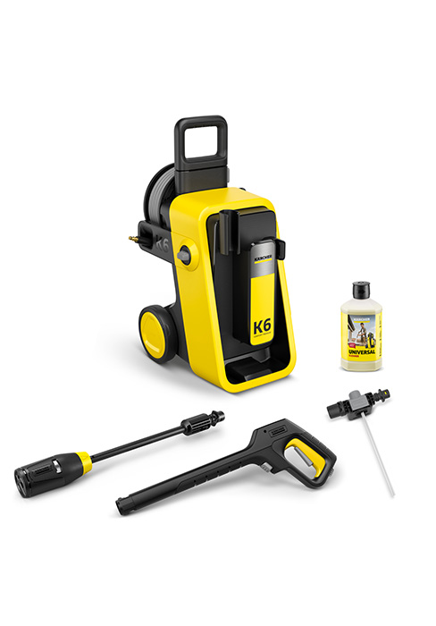 Plusieurs vues du nettoyeur haute pression etezen jaune et noir avec divers accessoires et accessoires sur fond blanc.