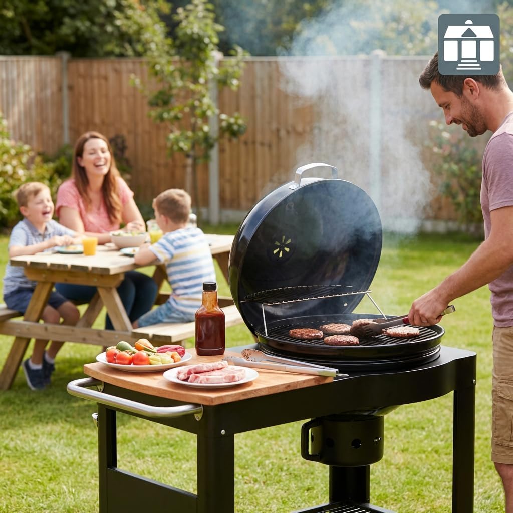 etezen - Barbecue Calgary - acier/bois - couvercle thermomètre, tablettes, 2 roues, noir