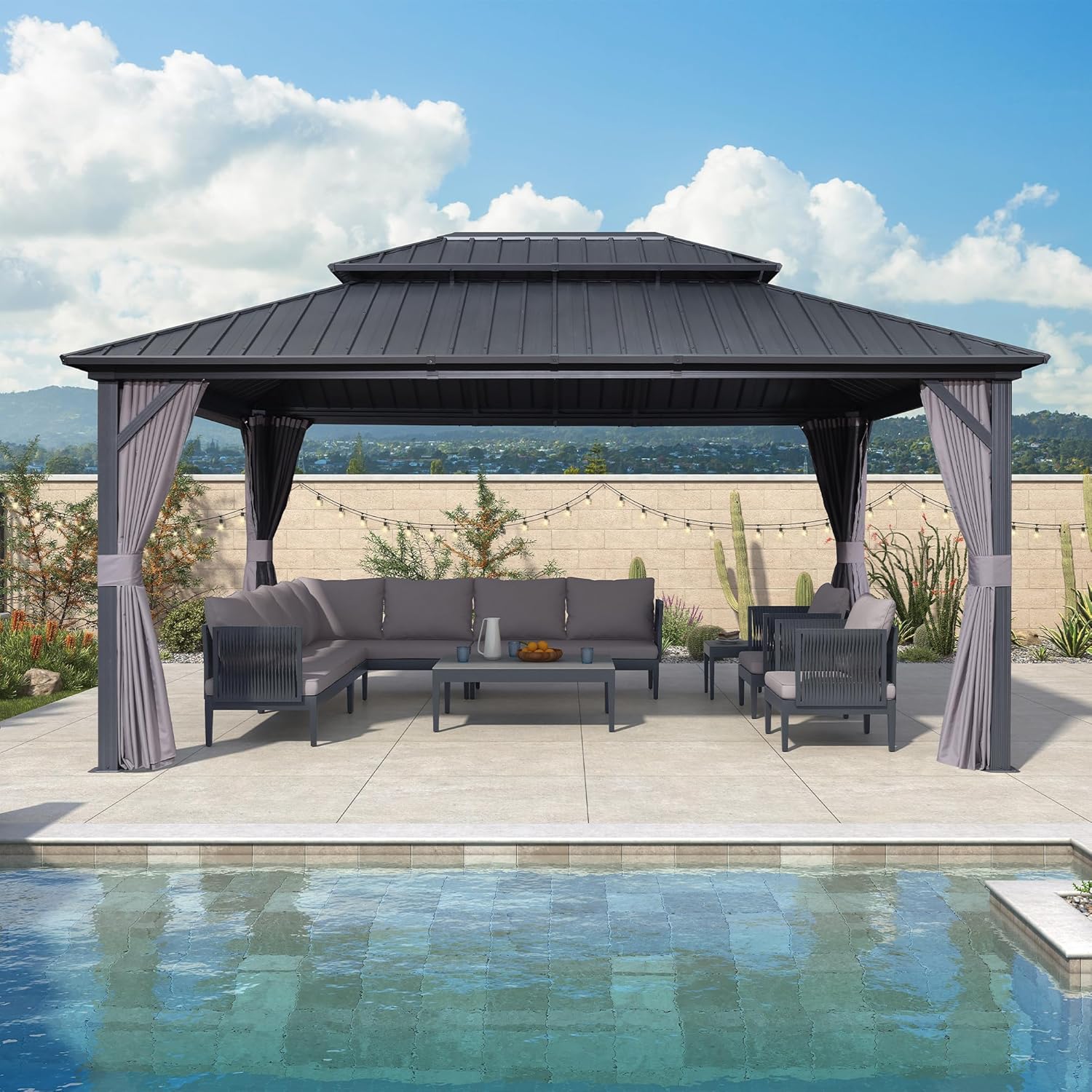 etezen - pergola série double toit - 4,85x3,65 m - alu acier, rideaux, moustiquaire