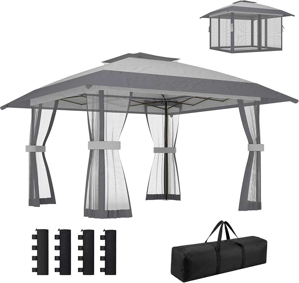 etezen Tonnelle de Jardin 4 x 4 m Pop up Tente Pliante réglable en Hauteur Protection UV30+ tonnelle Pliante avec Double Toit 4 parois en Maille 4 Sacs de Sable Sac de Transport Montage Facile Gris